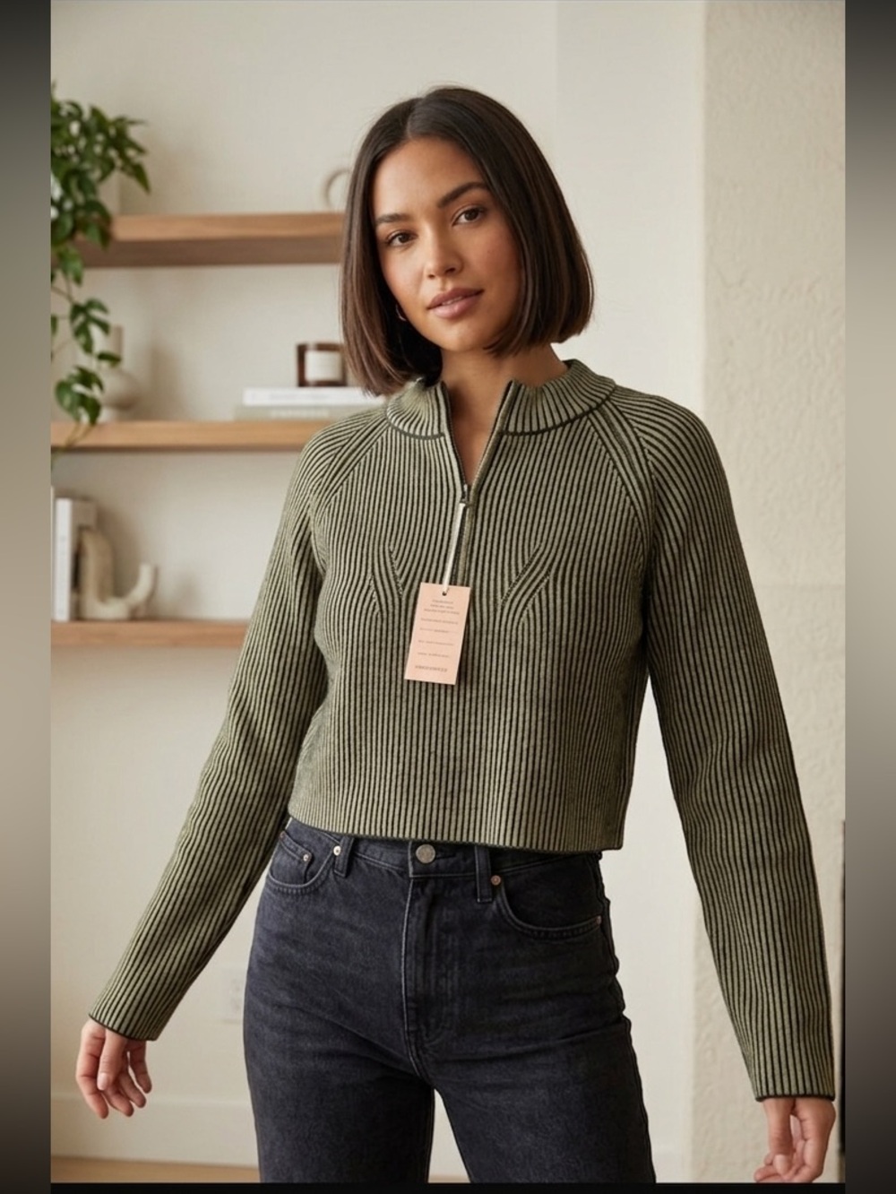 Ribbed Half-Zip oversized Crew Sweater in metallic Olive Green size XS
